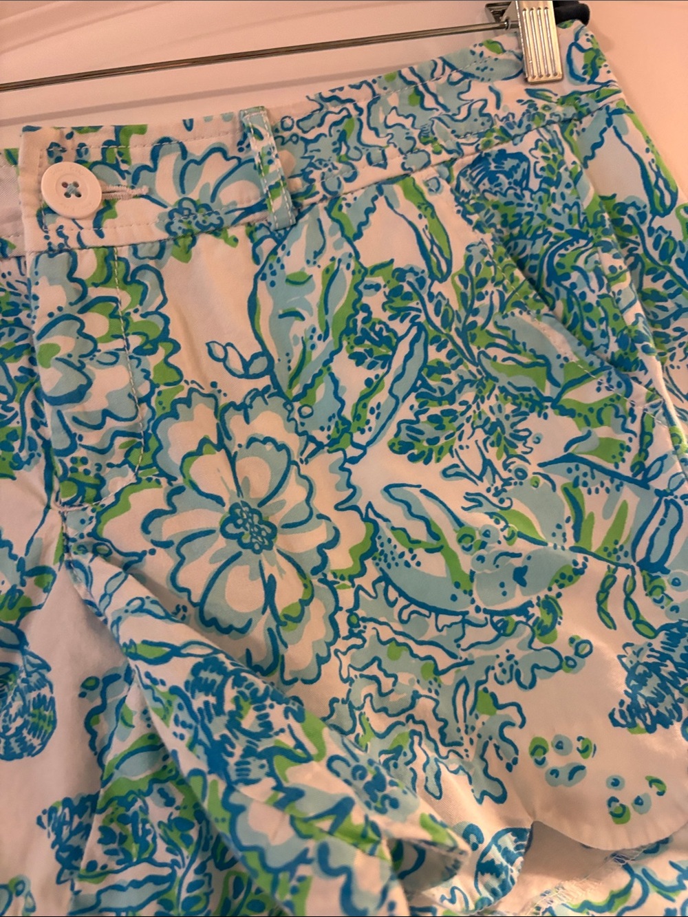 Lilly Pulitzer White Floral Scallop Hem Shorts with Blue and Green Print - Picture 2 of 5
